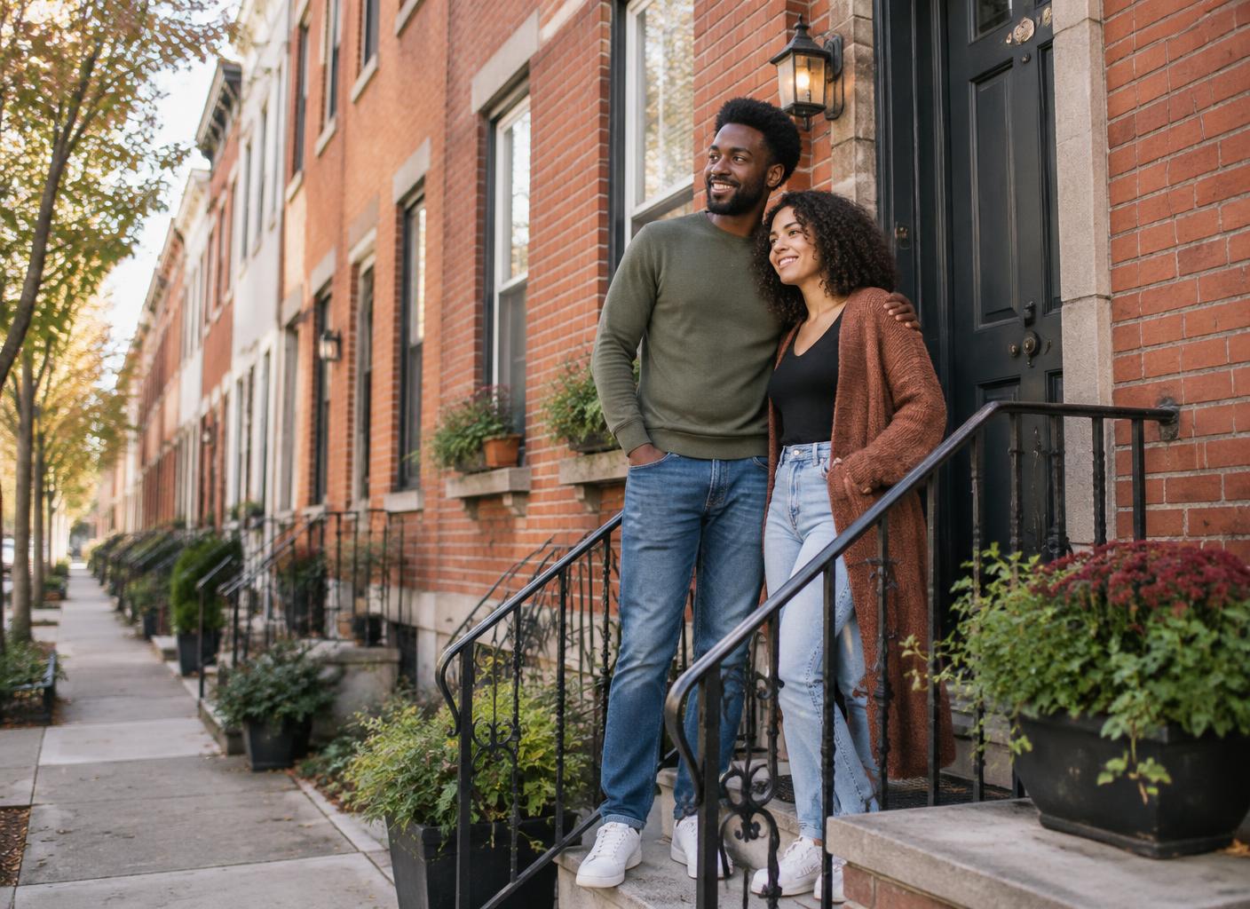 Couple outside a Philadelphia rowhouse
